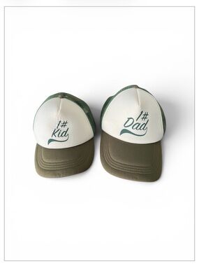 Fathers Day "#1 Dad" and "#1 Kid" Matching Trucker Hats - White & Olive
